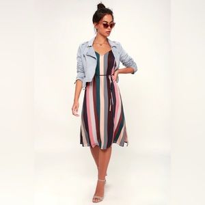Erina Mauve Multi Stripe Belted Midi Slip Dress